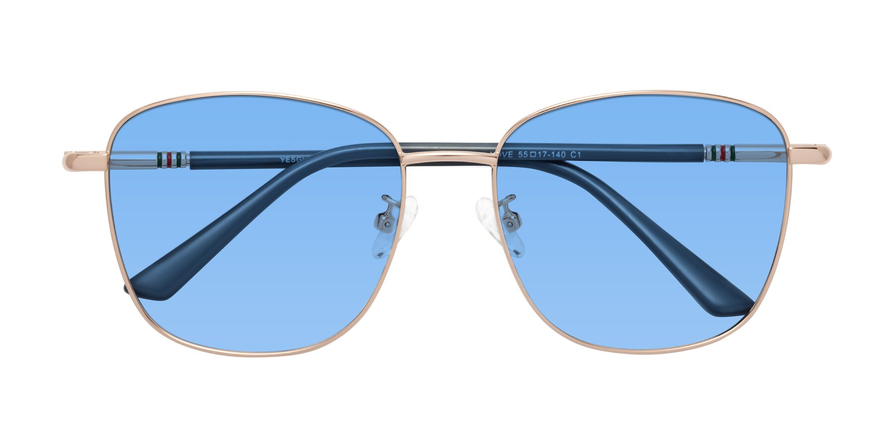 Folded Front of Love in Gold with Medium Blue Tinted Lenses