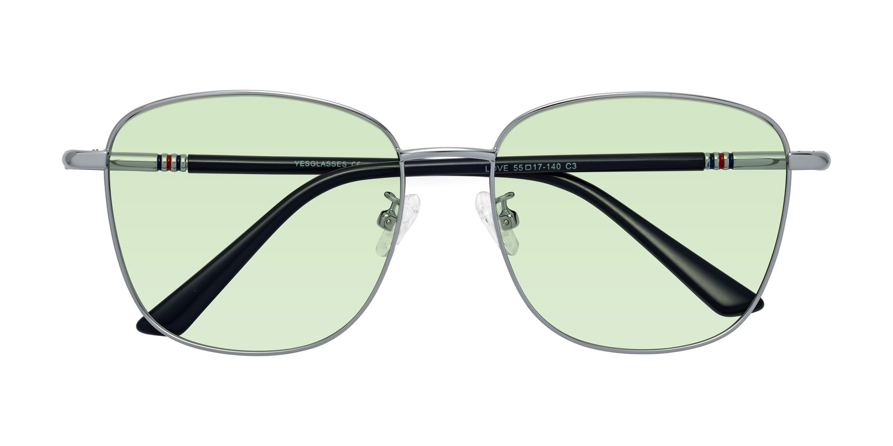 Folded Front of Love in Silver with Light Green Tinted Lenses