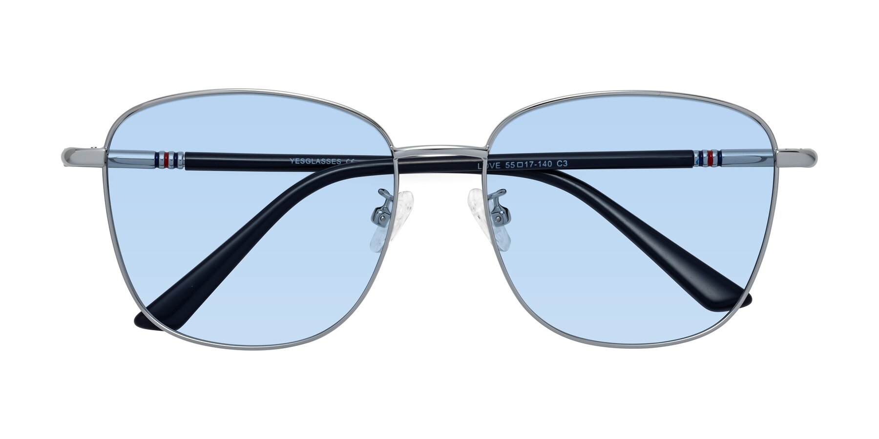 Folded Front of Love in Silver with Light Blue Tinted Lenses