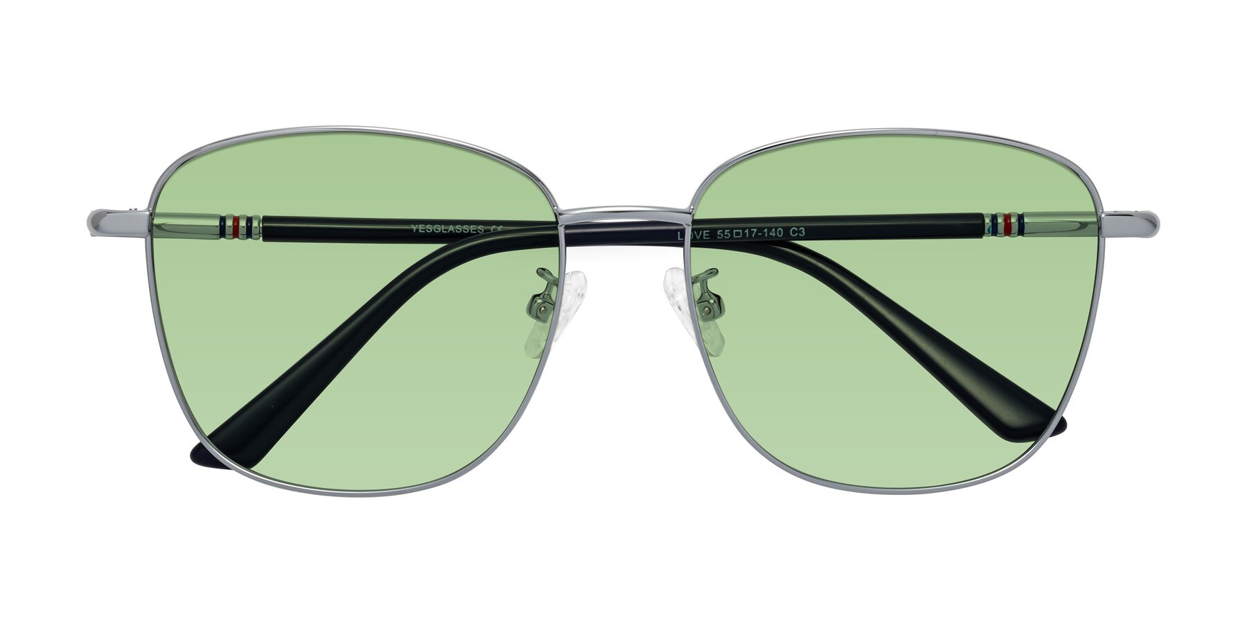 Folded Front of Love in Silver with Medium Green Tinted Lenses