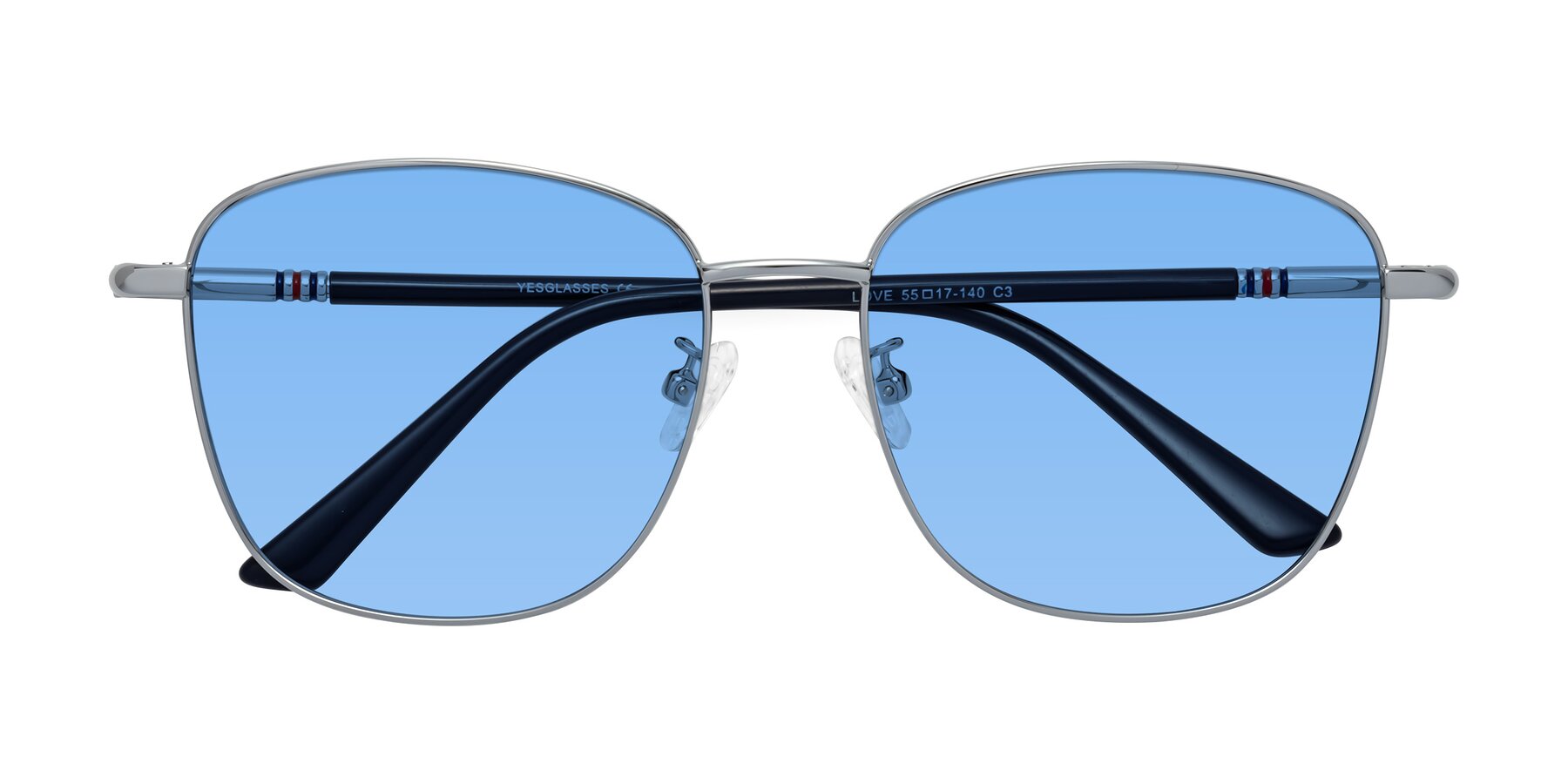 Folded Front of Love in Silver with Medium Blue Tinted Lenses