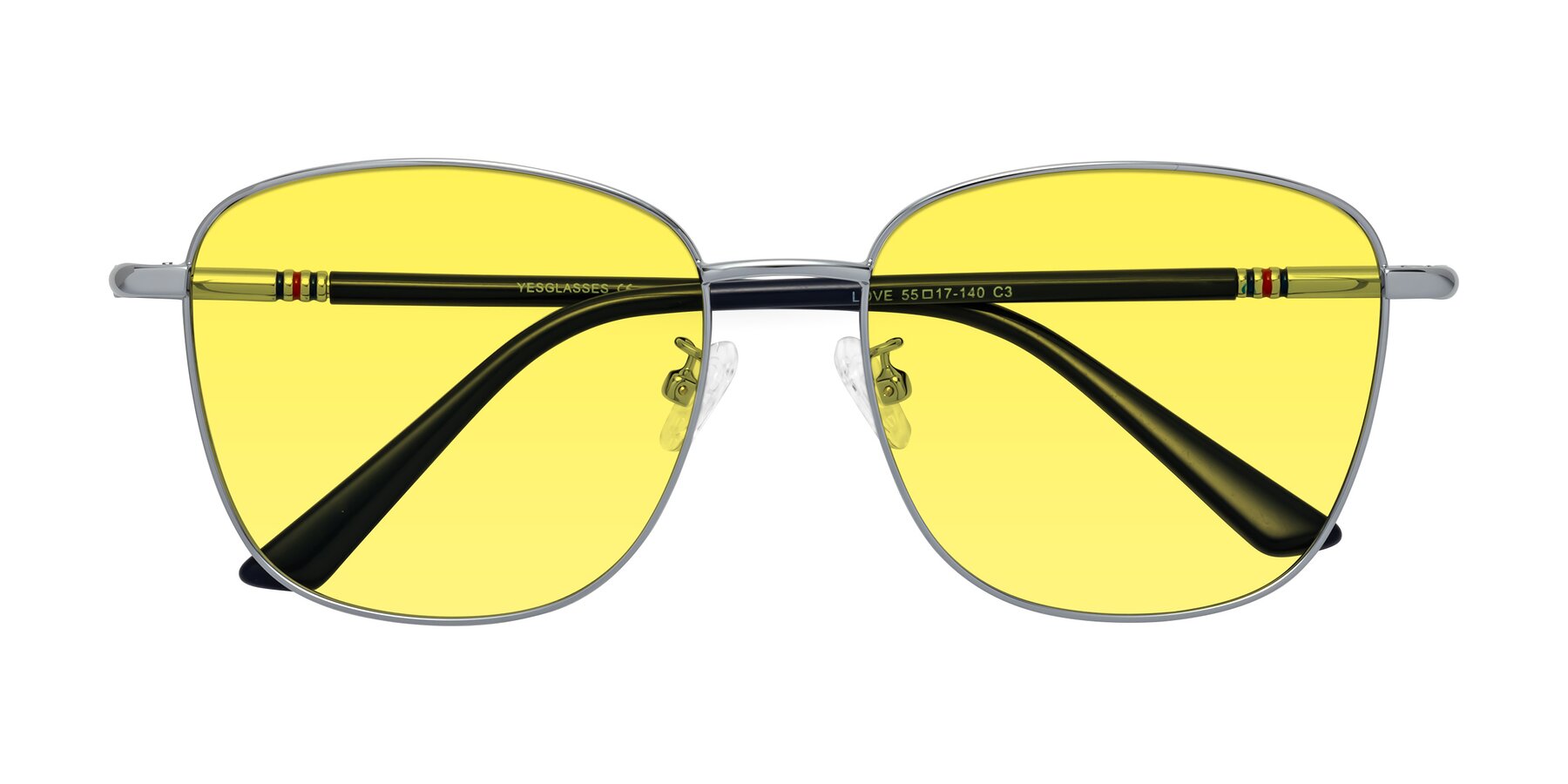 Folded Front of Love in Silver with Medium Yellow Tinted Lenses