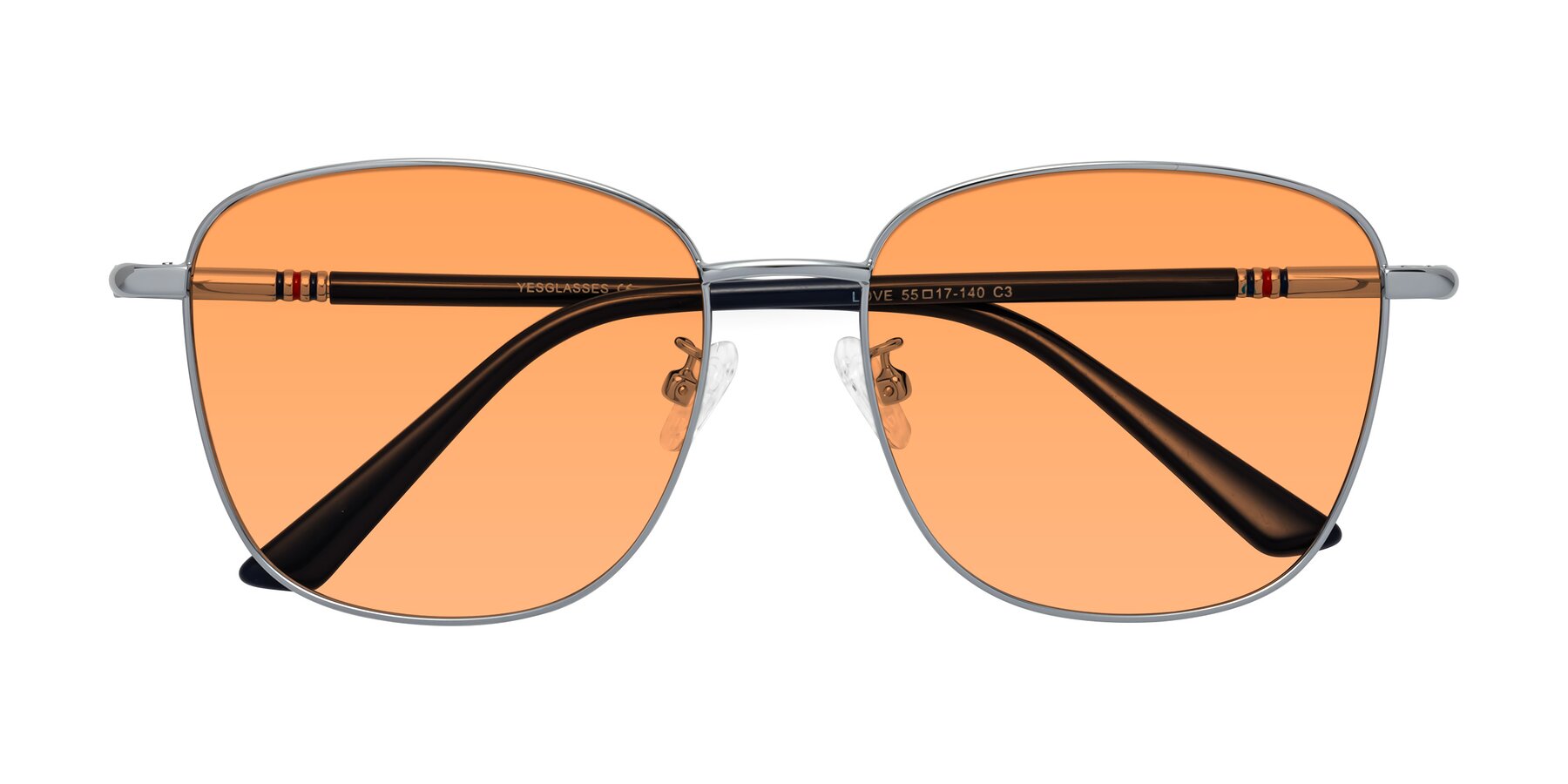 Folded Front of Love in Silver with Medium Orange Tinted Lenses