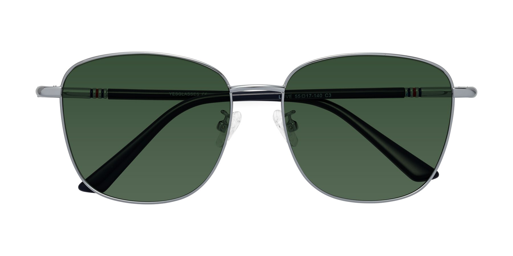 Folded Front of Love in Silver with Green Tinted Lenses