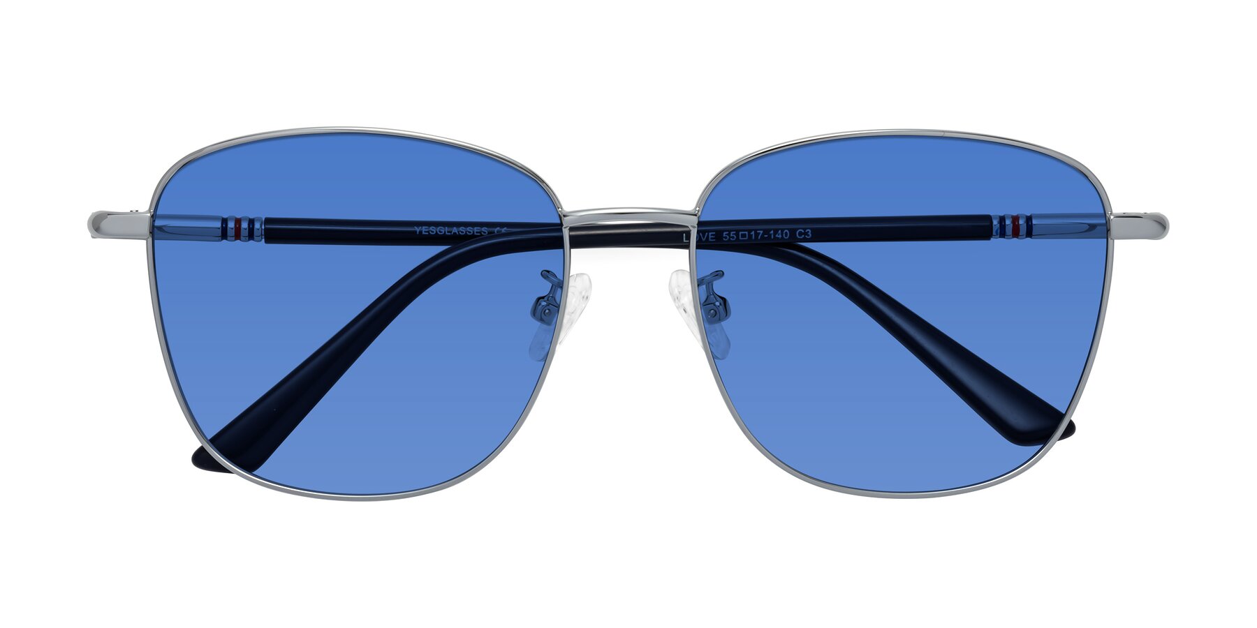 Folded Front of Love in Silver with Blue Tinted Lenses