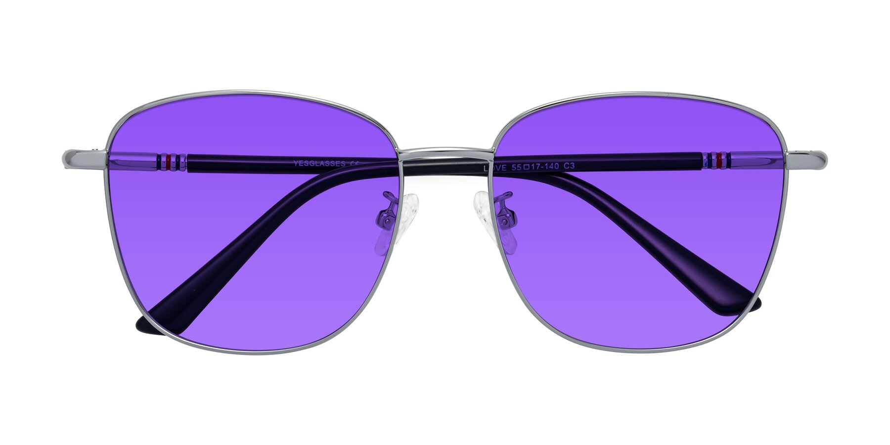 Folded Front of Love in Silver with Purple Tinted Lenses