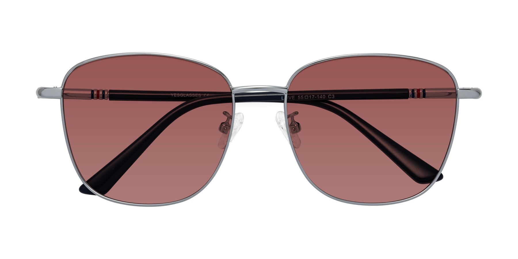 Folded Front of Love in Silver with Garnet Tinted Lenses