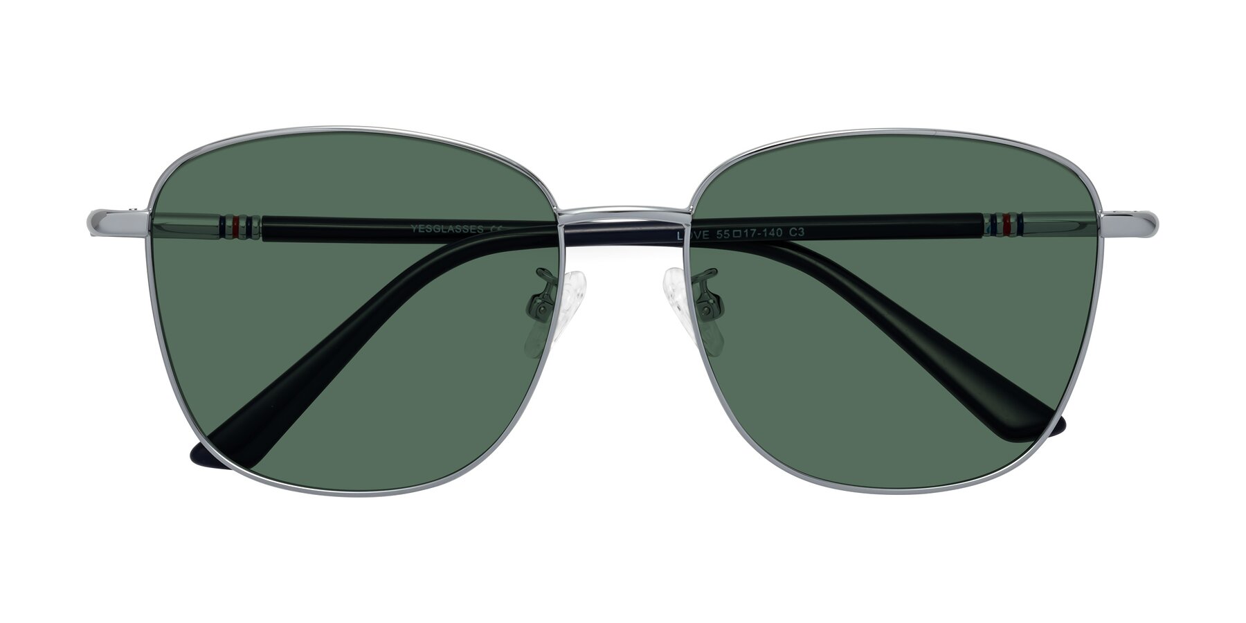 Folded Front of Love in Silver with Green Polarized Lenses