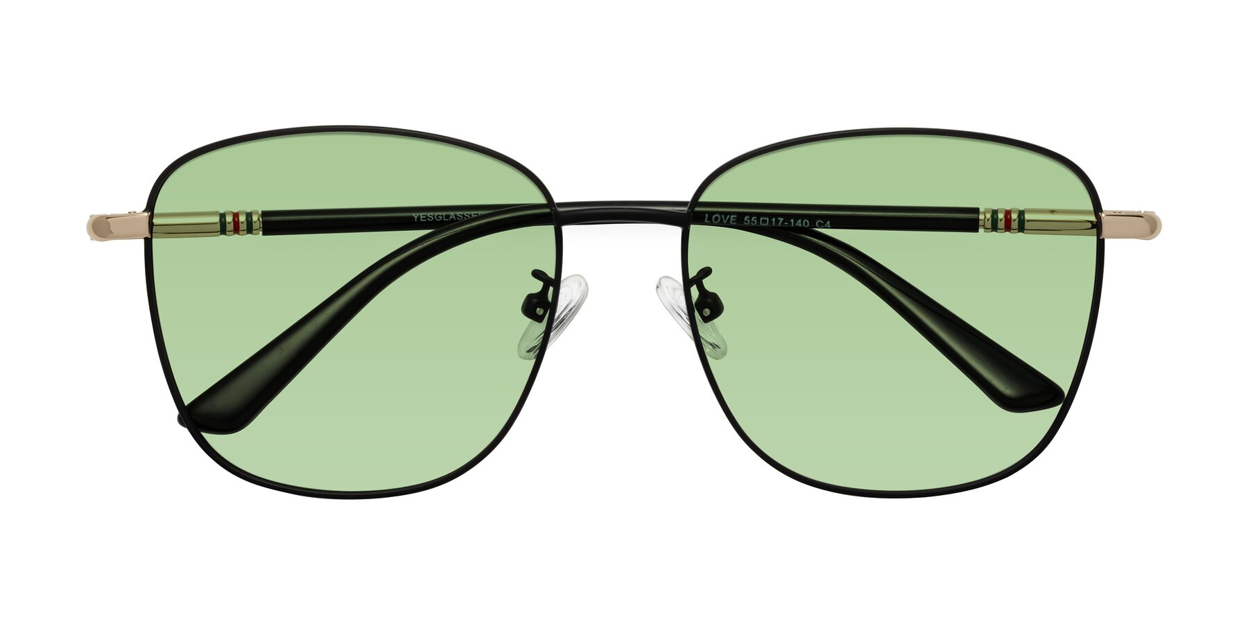 Folded Front of Love in Black with Medium Green Tinted Lenses