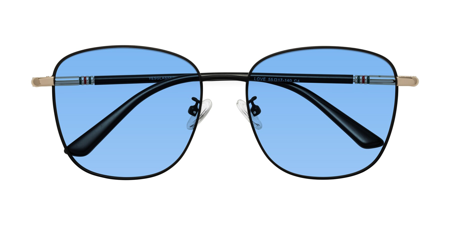 Folded Front of Love in Black with Medium Blue Tinted Lenses