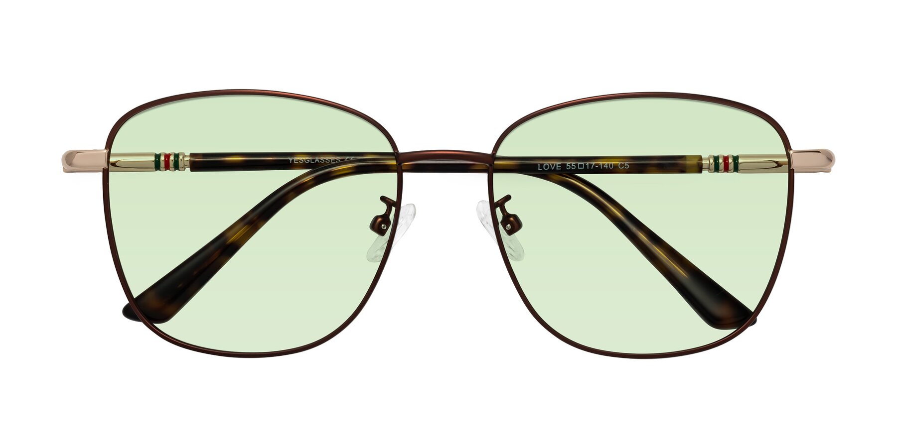 Folded Front of Love in Coffee with Light Green Tinted Lenses