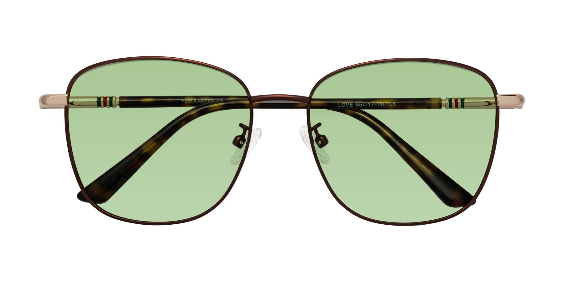 Folded Front of Love in Coffee with Medium Green Tinted Lenses