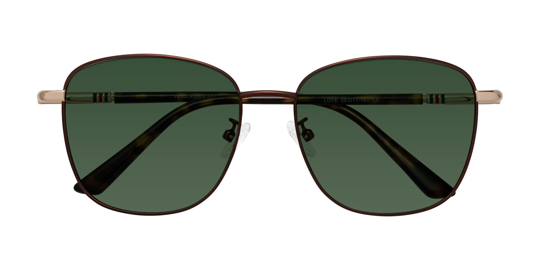 Folded Front of Love in Coffee with Green Tinted Lenses