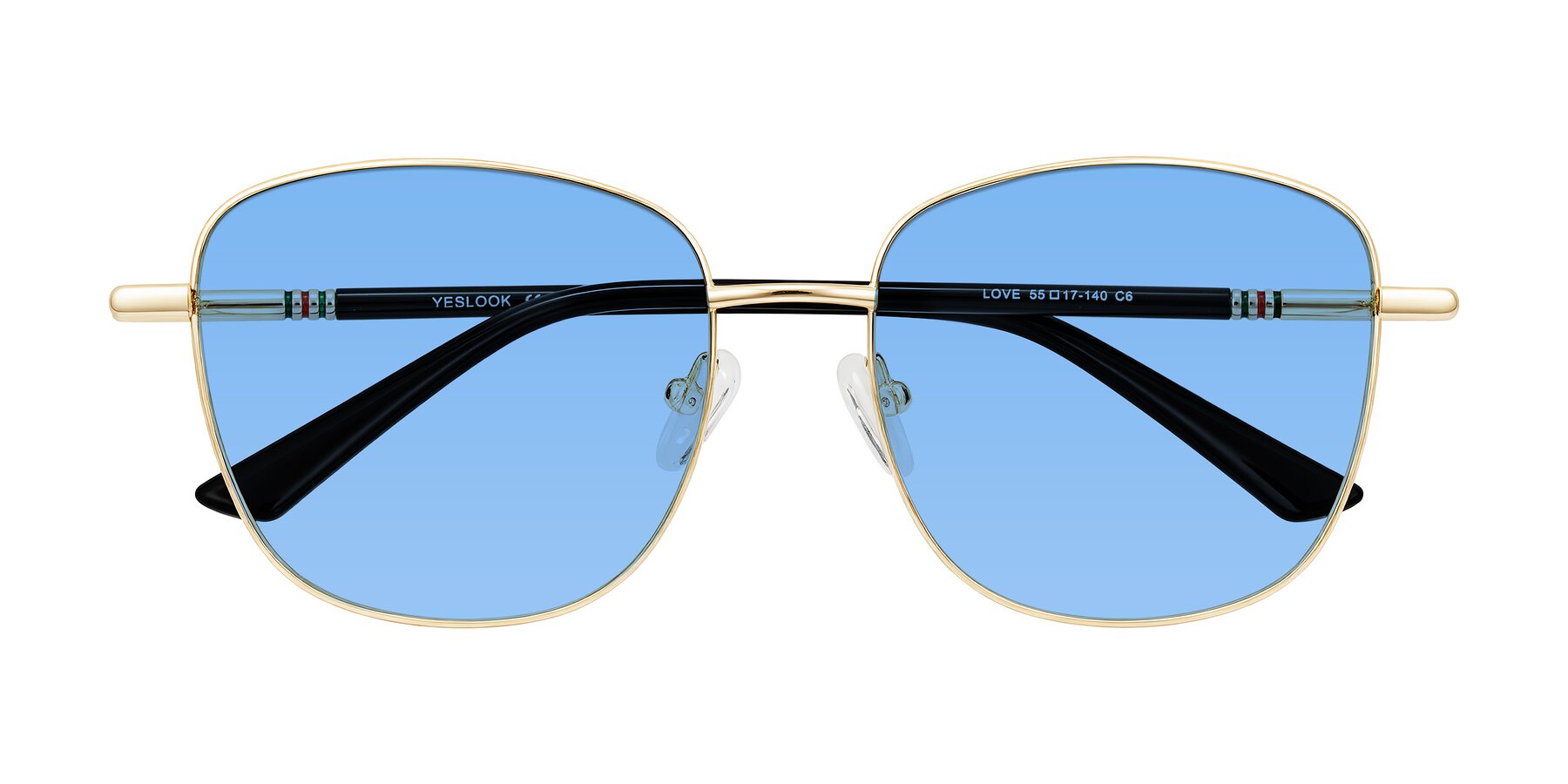 Folded Front of Love in Light Gold with Medium Blue Tinted Lenses