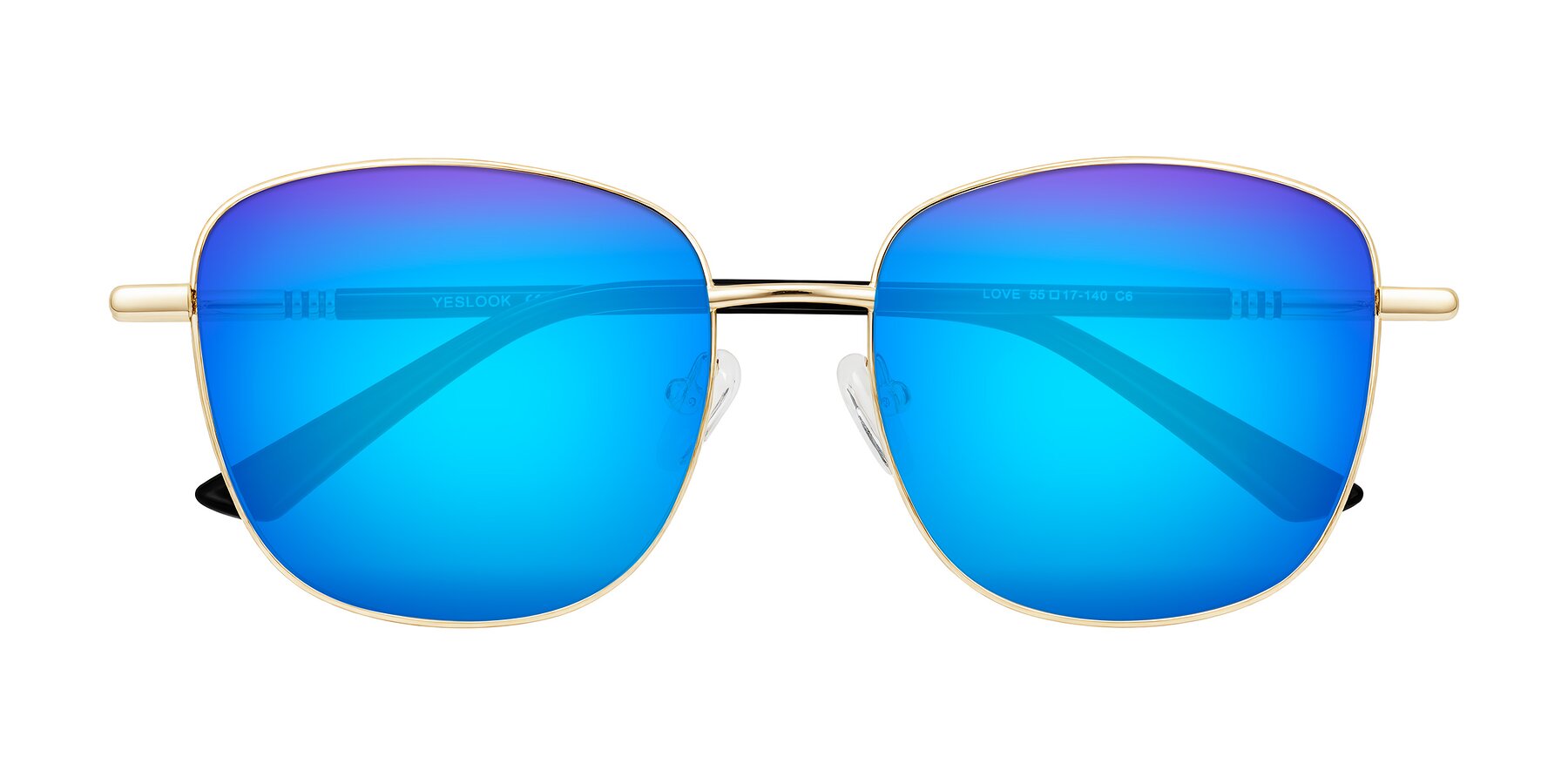 Folded Front of Love in Light Gold with Blue Mirrored Lenses