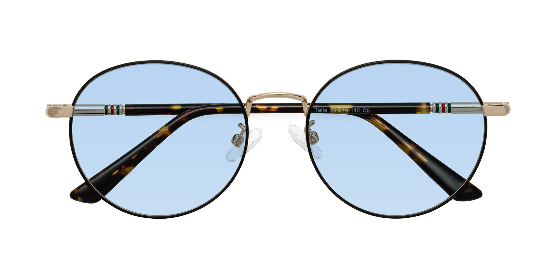 Folded Front of Talla in Charcoal Green-Rose Gold with Light Blue Tinted Lenses