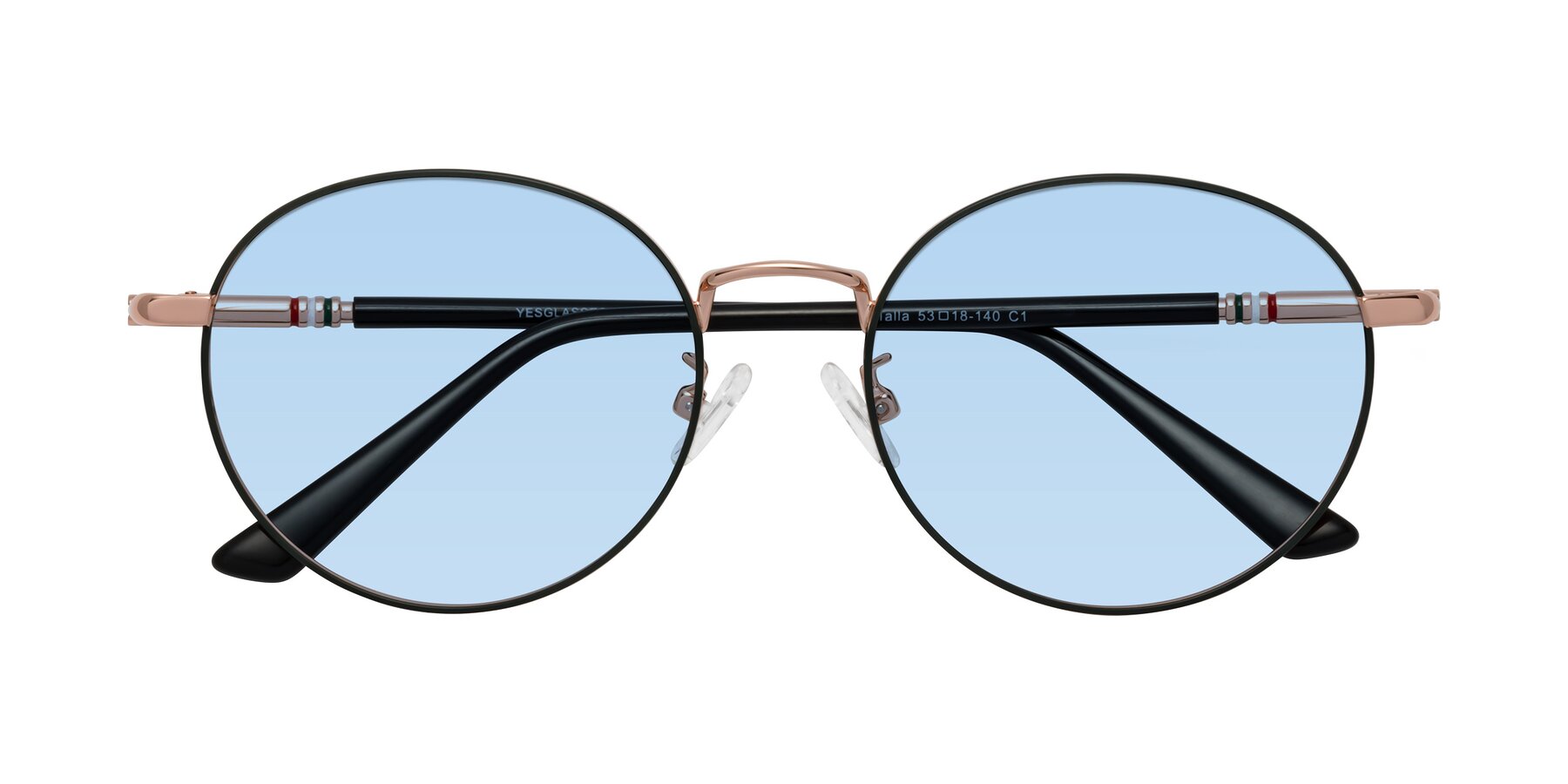 Folded Front of Talla in Charcoal Green-Rose Gold with Light Blue Tinted Lenses