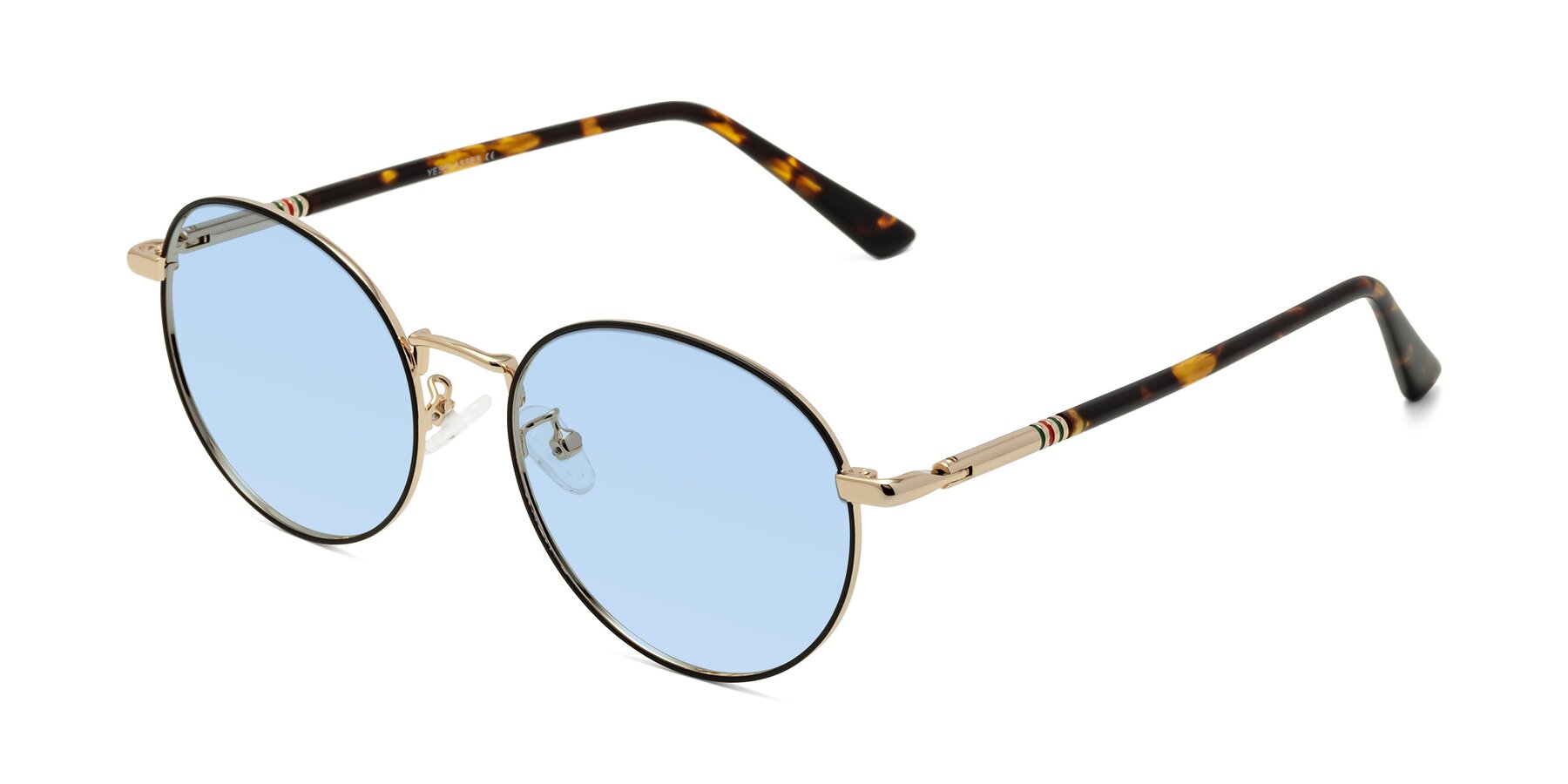 Angle of Talla in Charcoal Green-Rose Gold with Light Blue Tinted Lenses