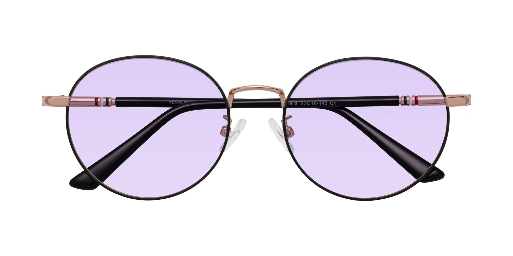 Folded Front of Talla in Charcoal Green-Rose Gold with Light Purple Tinted Lenses