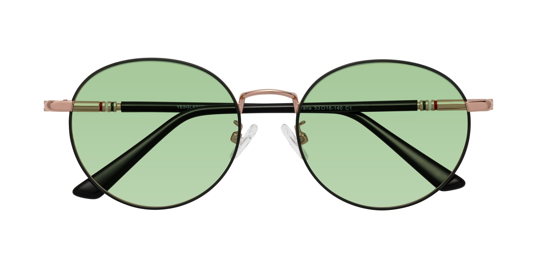 Folded Front of Talla in Charcoal Green-Rose Gold with Medium Green Tinted Lenses