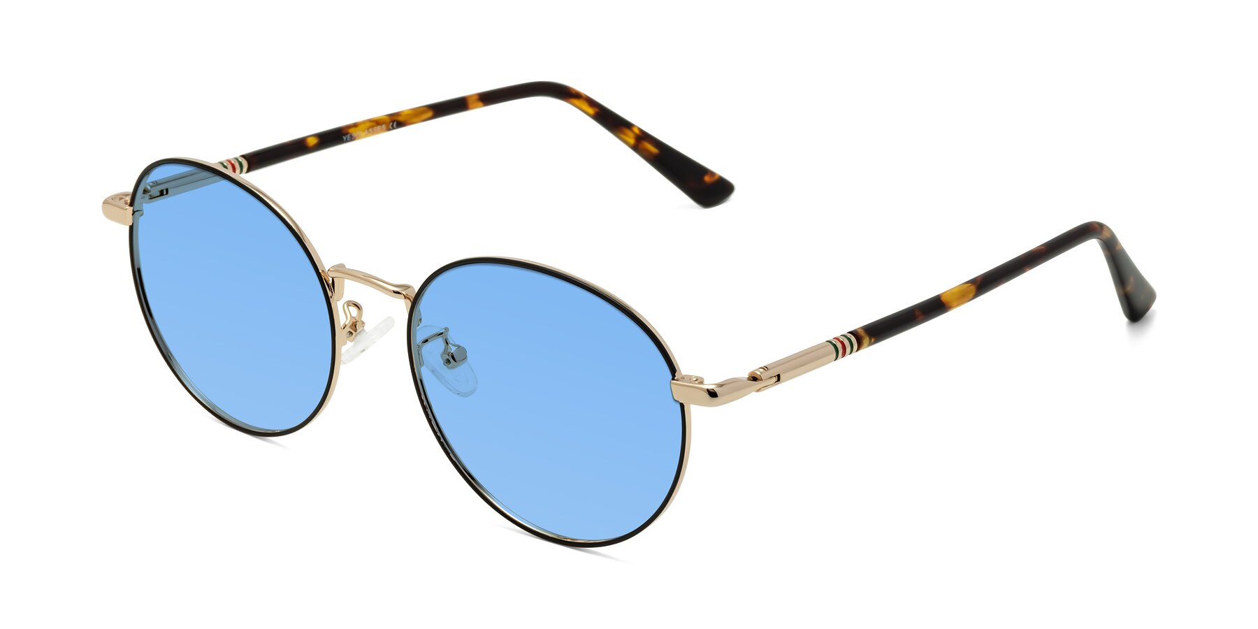 Angle of Talla in Charcoal Green-Rose Gold with Medium Blue Tinted Lenses