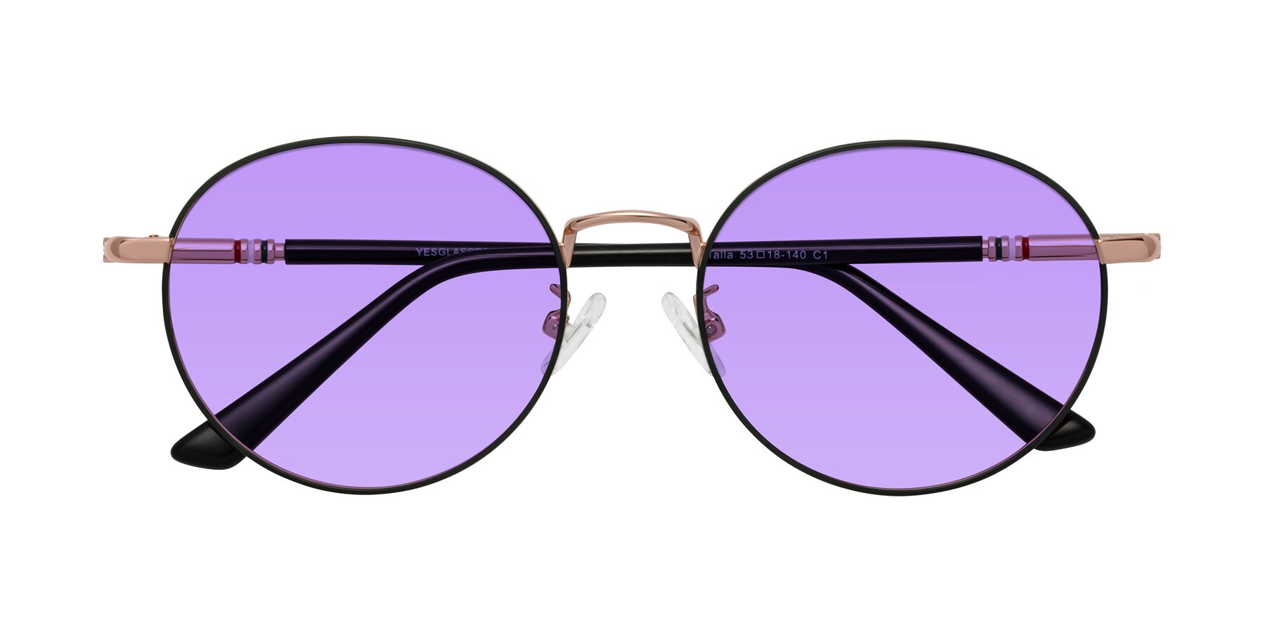 Folded Front of Talla in Charcoal Green-Rose Gold with Medium Purple Tinted Lenses