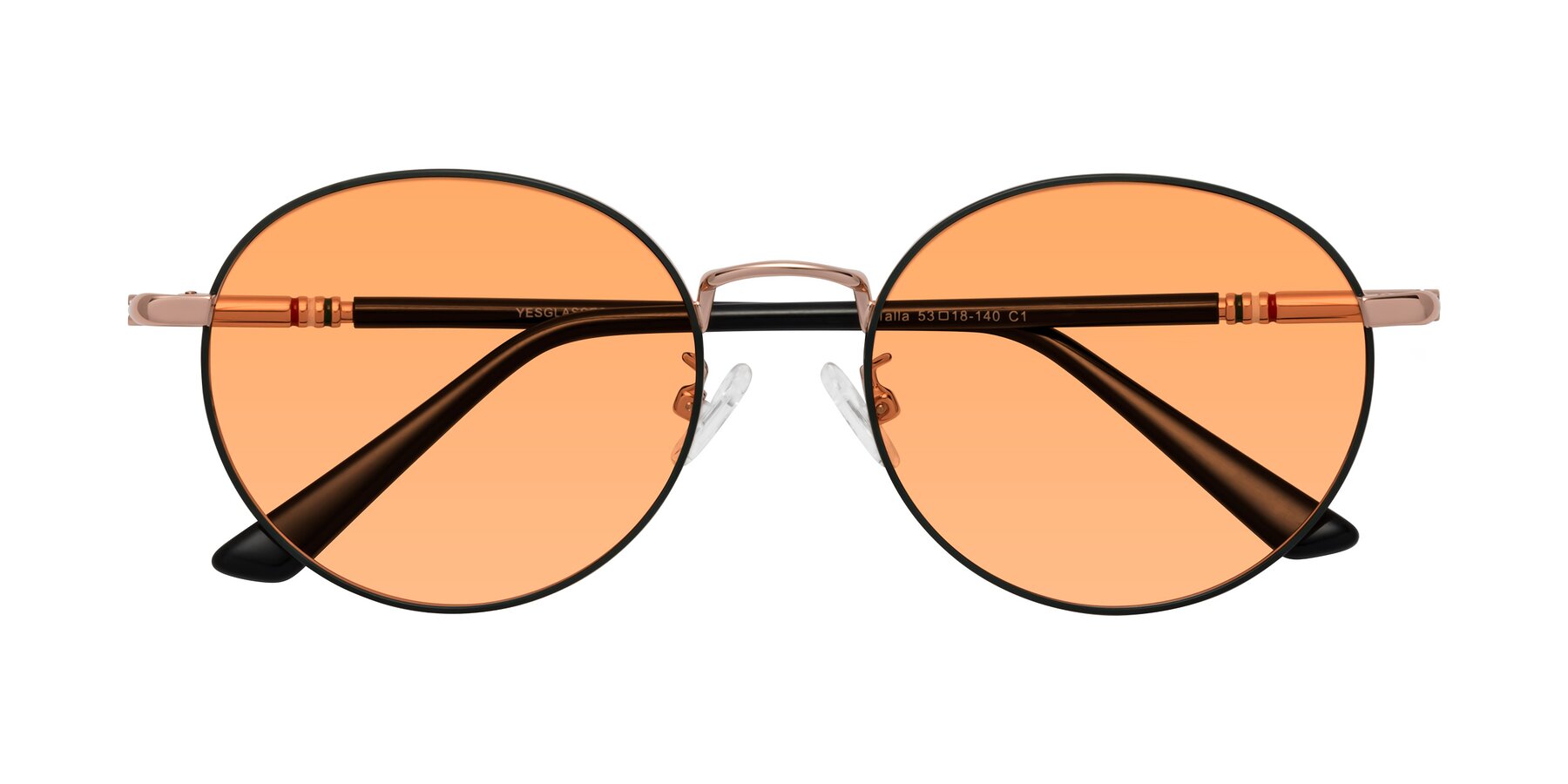 Folded Front of Talla in Charcoal Green-Rose Gold with Medium Orange Tinted Lenses