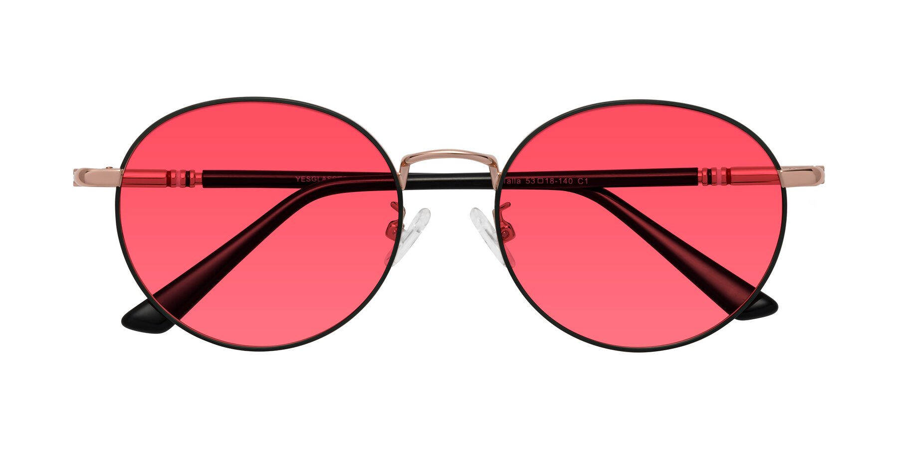 Folded Front of Talla in Charcoal Green-Rose Gold with Red Tinted Lenses