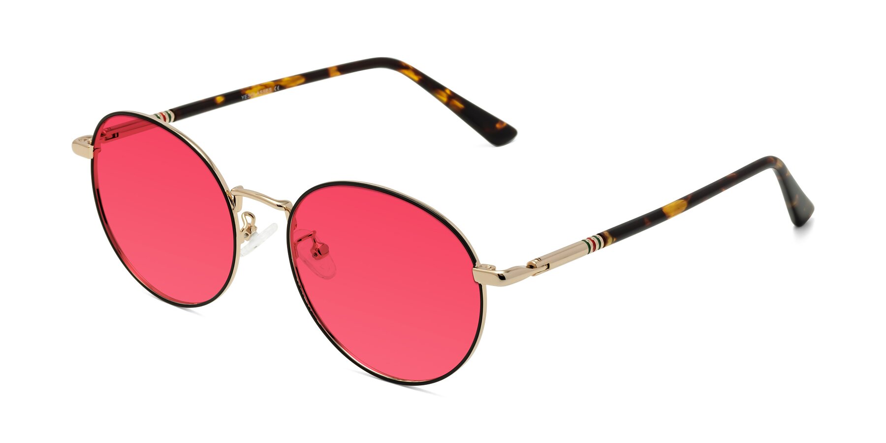 Angle of Talla in Charcoal Green-Rose Gold with Red Tinted Lenses