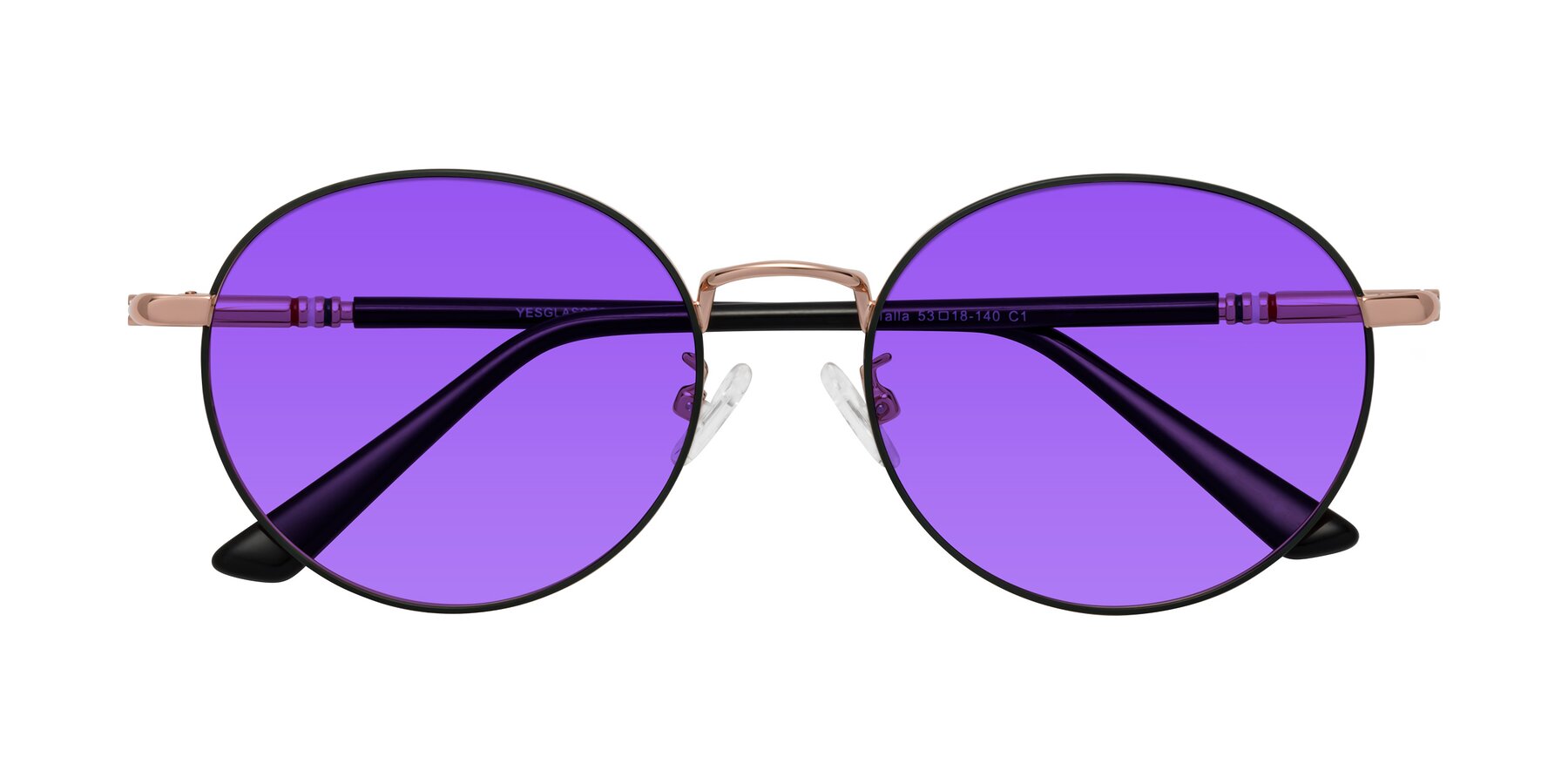 Folded Front of Talla in Charcoal Green-Rose Gold with Purple Tinted Lenses