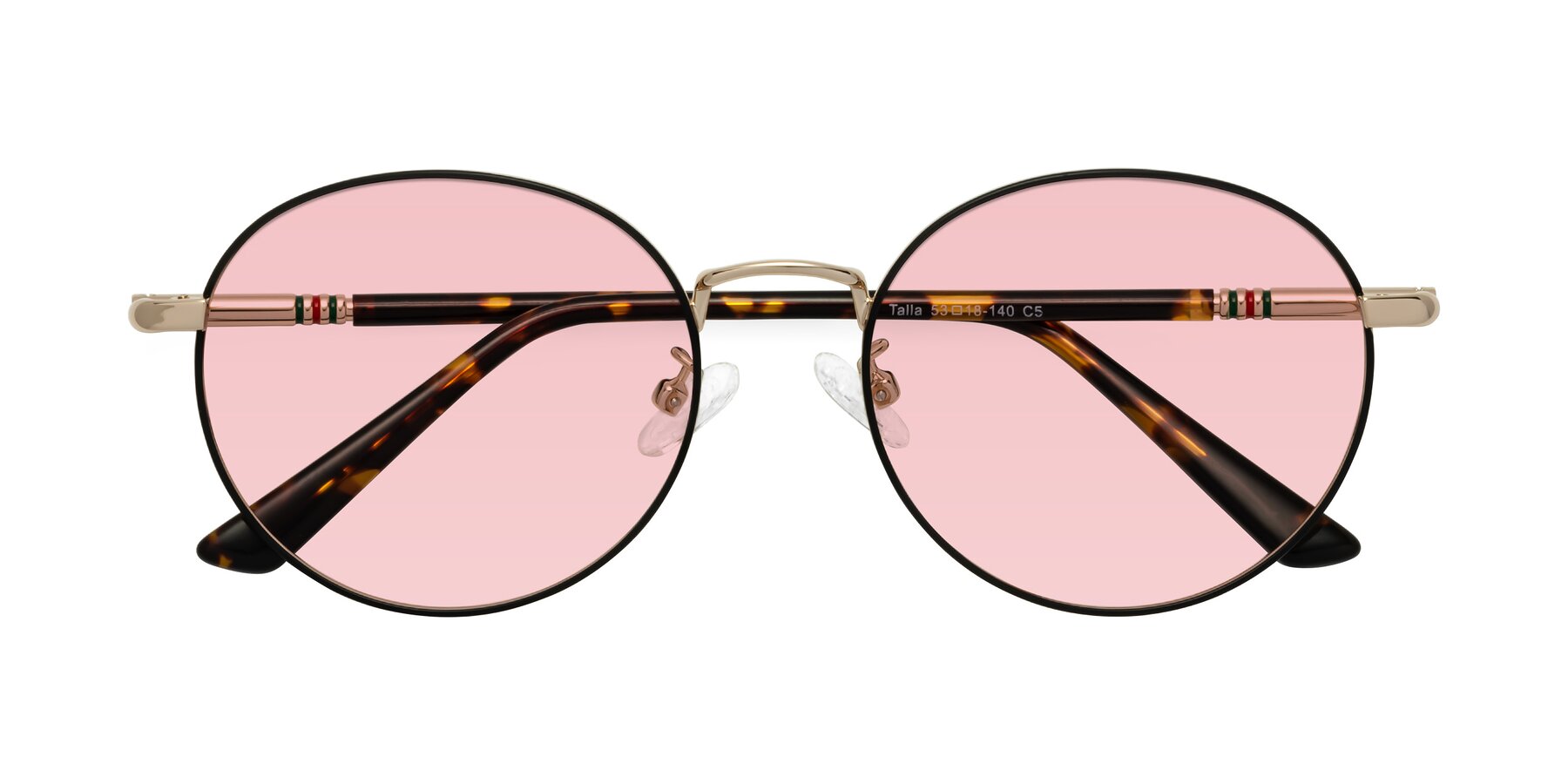 Folded Front of Talla in Charcoal Green-Rose Gold with Light Garnet Tinted Lenses