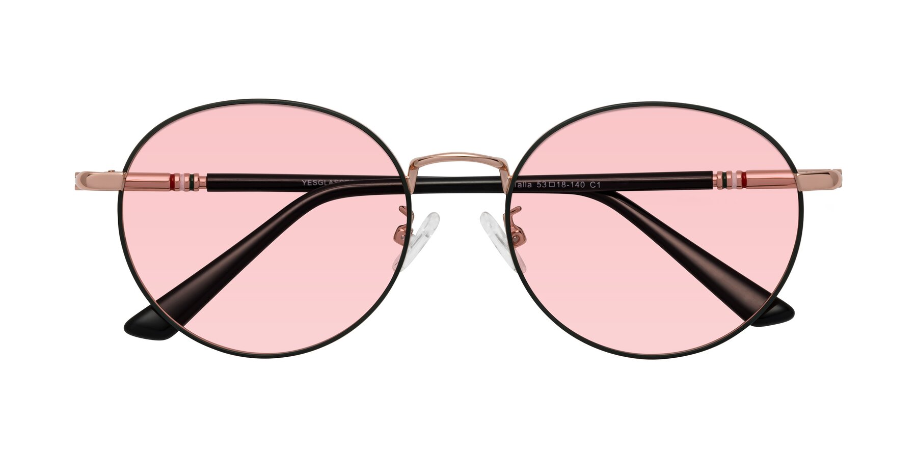 Folded Front of Talla in Charcoal Green-Rose Gold with Light Garnet Tinted Lenses