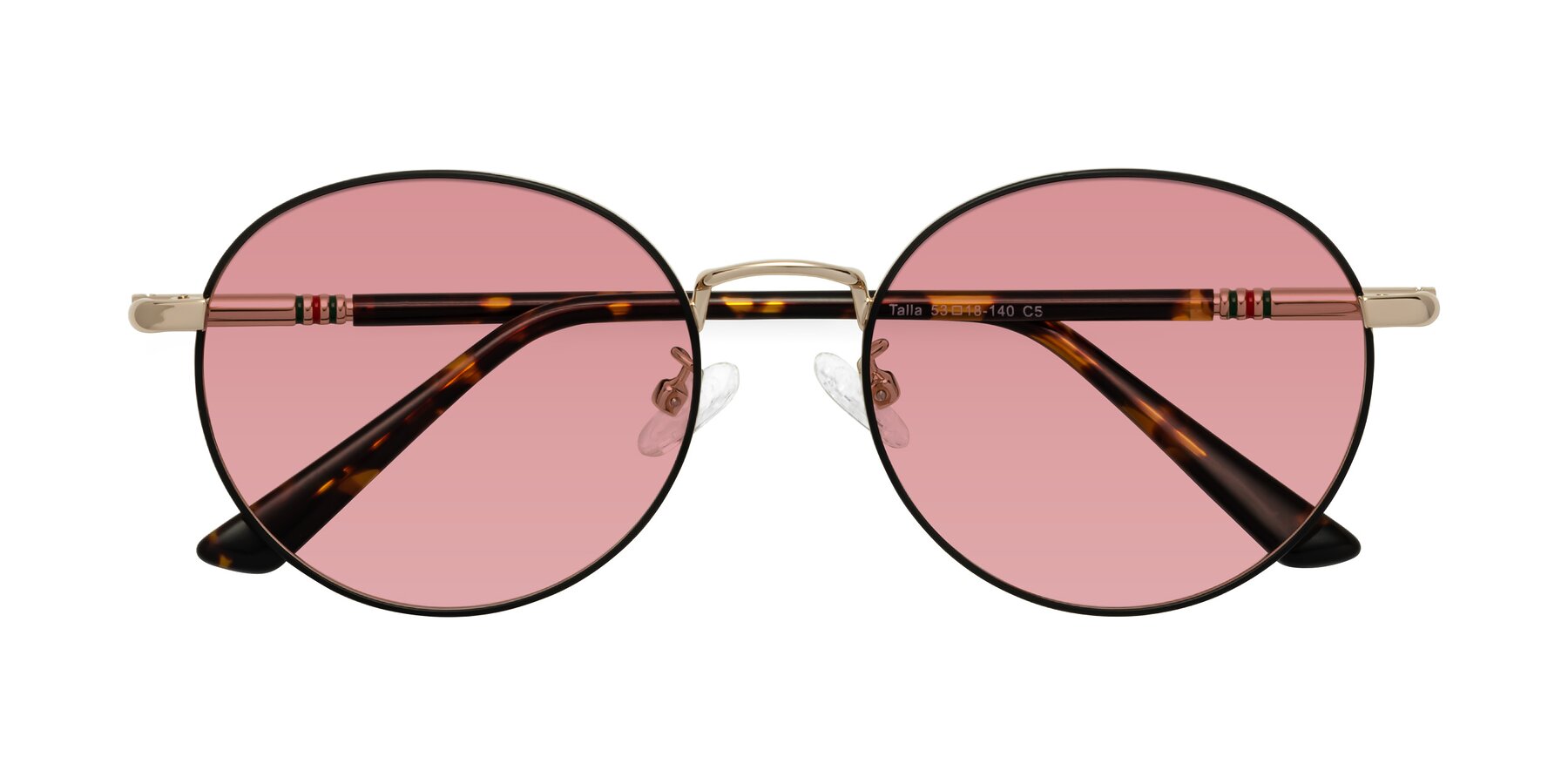 Folded Front of Talla in Charcoal Green-Rose Gold with Medium Garnet Tinted Lenses