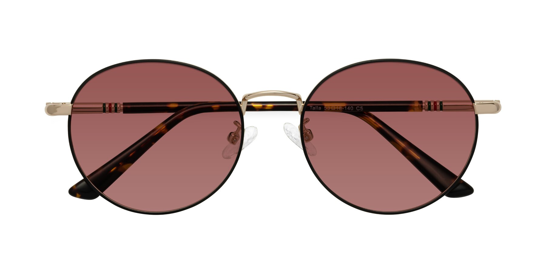 Folded Front of Talla in Charcoal Green-Rose Gold with Garnet Tinted Lenses