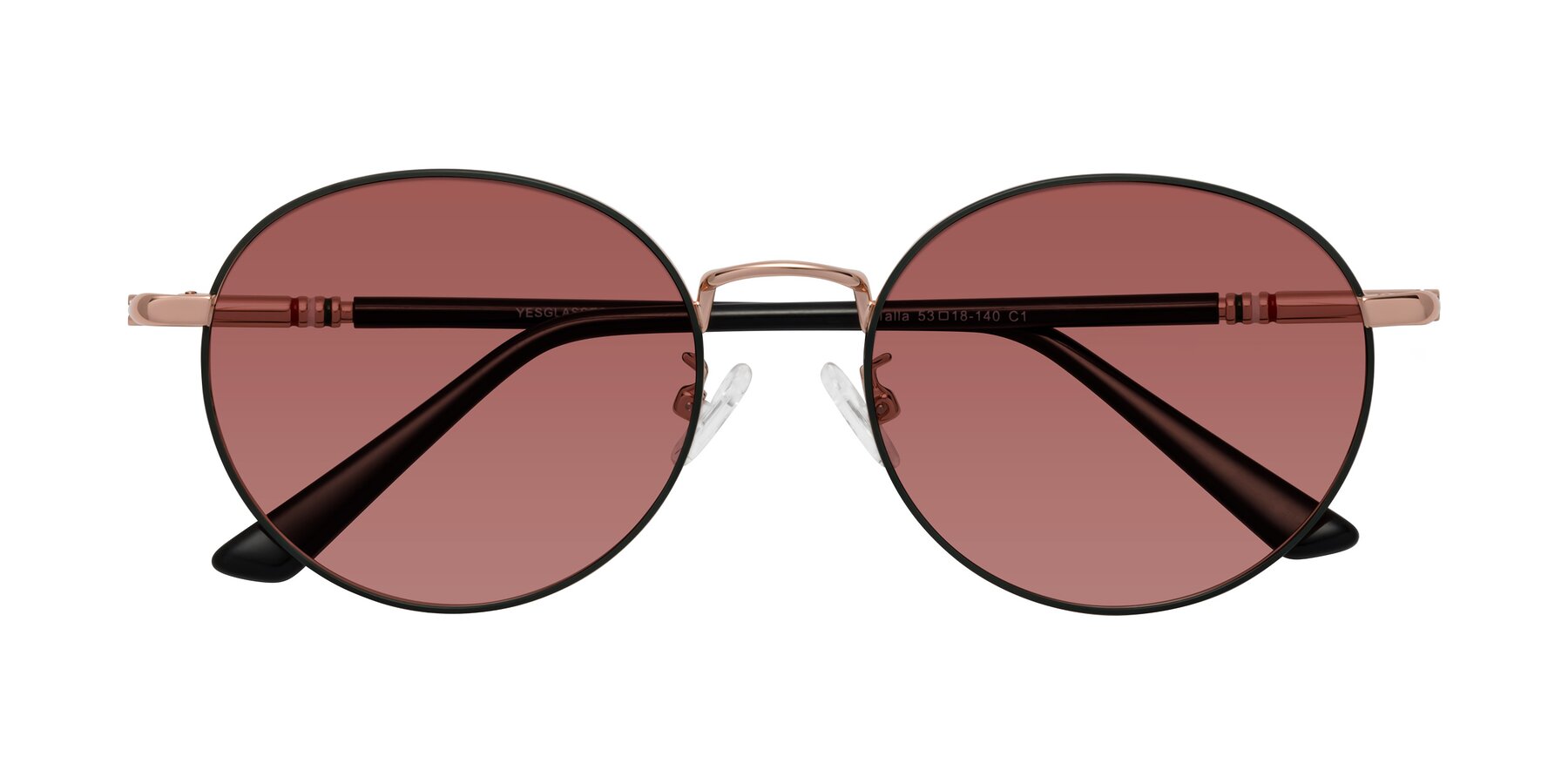 Folded Front of Talla in Charcoal Green-Rose Gold with Garnet Tinted Lenses