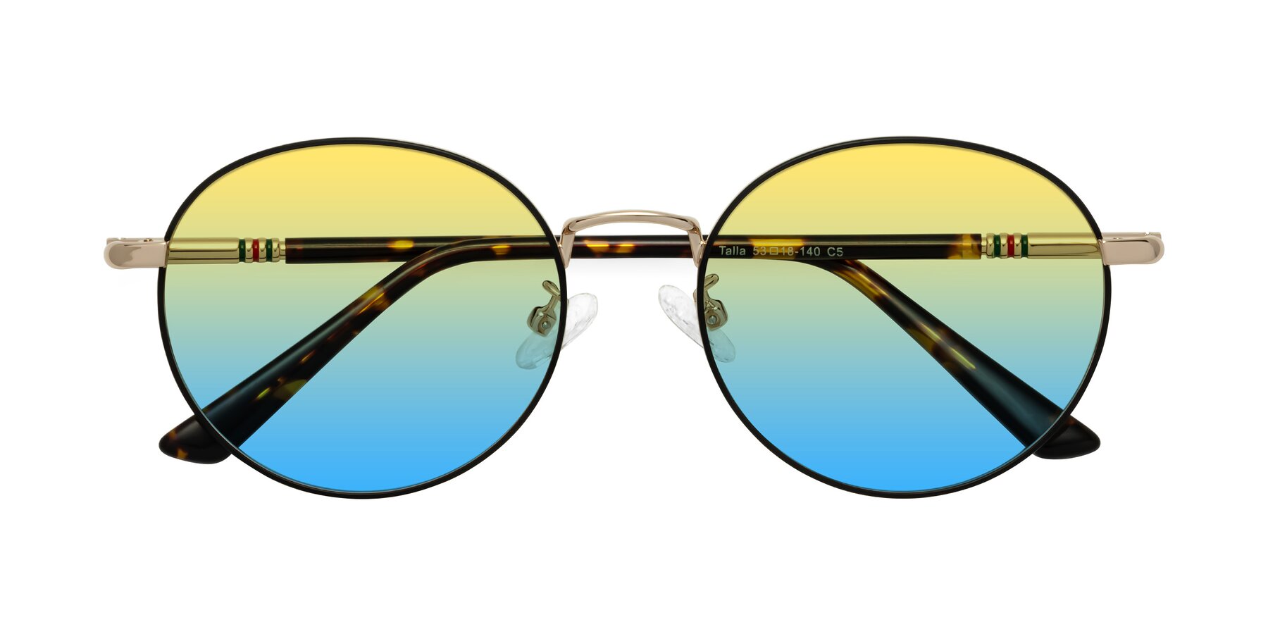 Folded Front of Talla in Charcoal Green-Rose Gold with Yellow / Blue Gradient Lenses