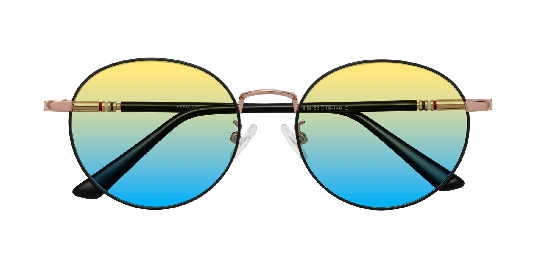 Folded Front of Talla in Charcoal Green-Rose Gold with Yellow / Blue Gradient Lenses