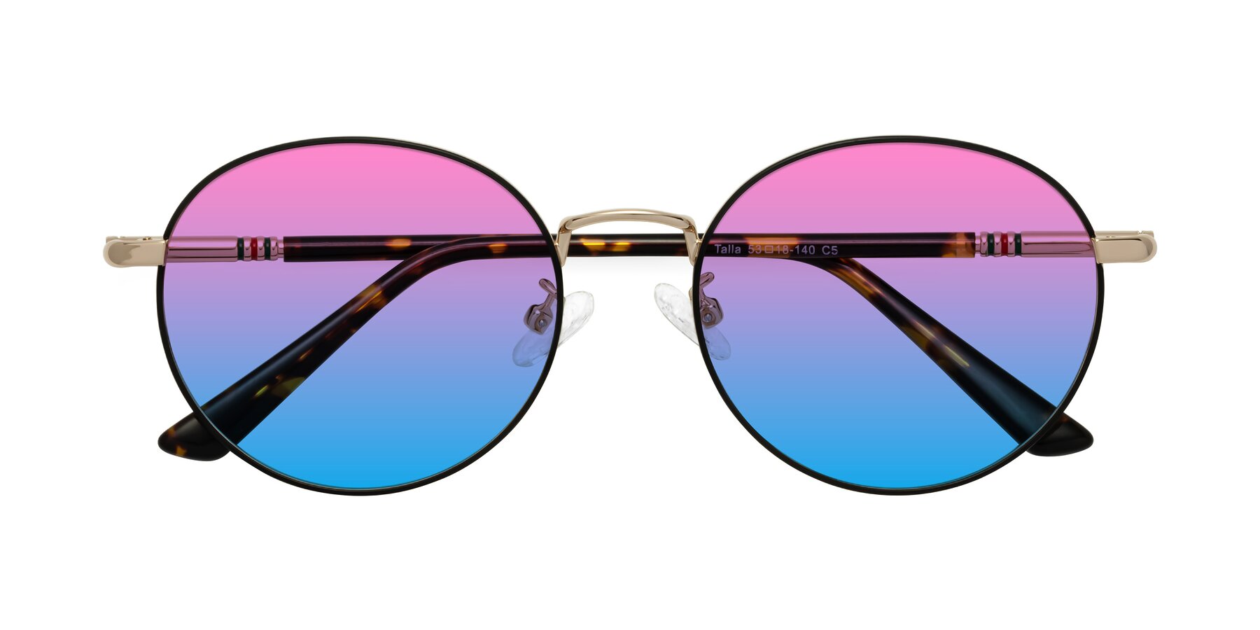 Folded Front of Talla in Charcoal Green-Rose Gold with Pink / Blue Gradient Lenses