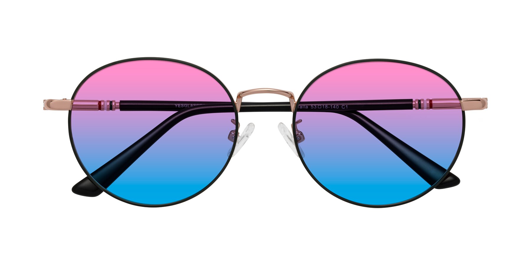 Folded Front of Talla in Charcoal Green-Rose Gold with Pink / Blue Gradient Lenses