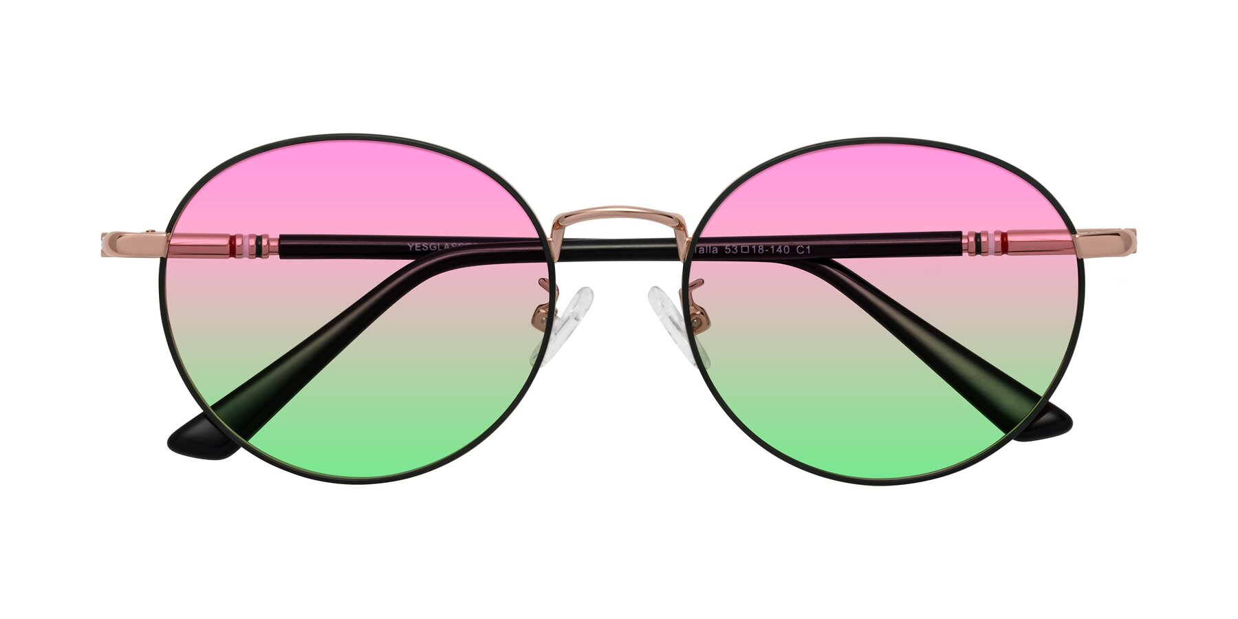 Folded Front of Talla in Charcoal Green-Rose Gold with Pink / Green Gradient Lenses