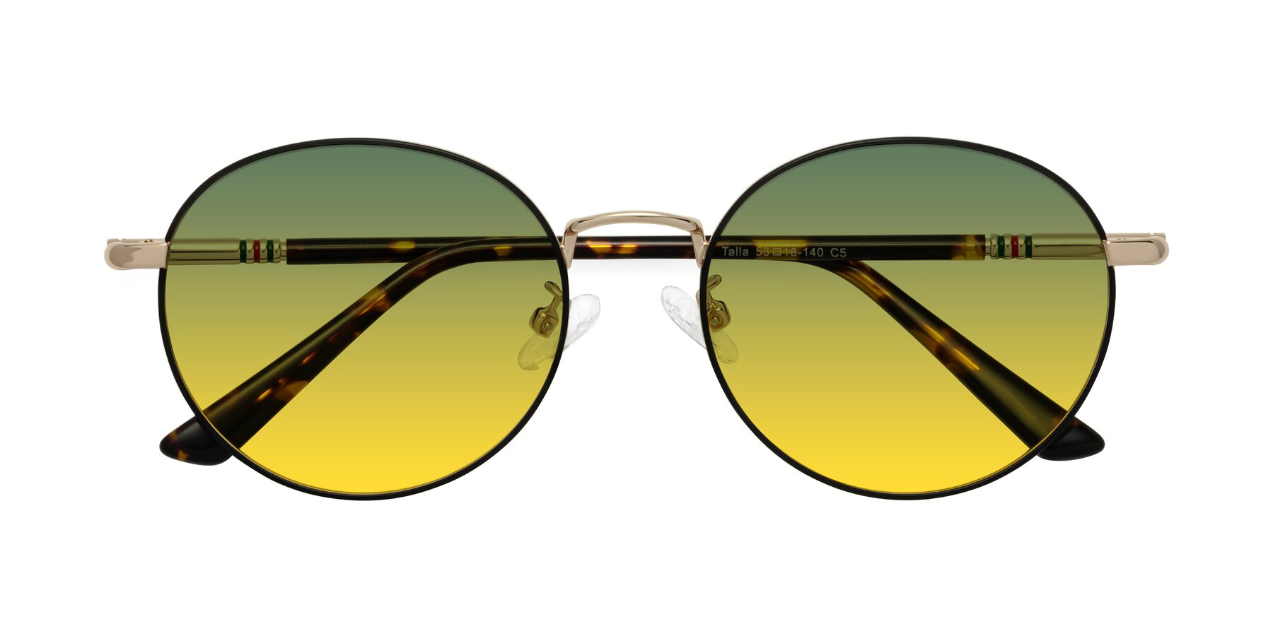 Folded Front of Talla in Charcoal Green-Rose Gold with Green / Yellow Gradient Lenses