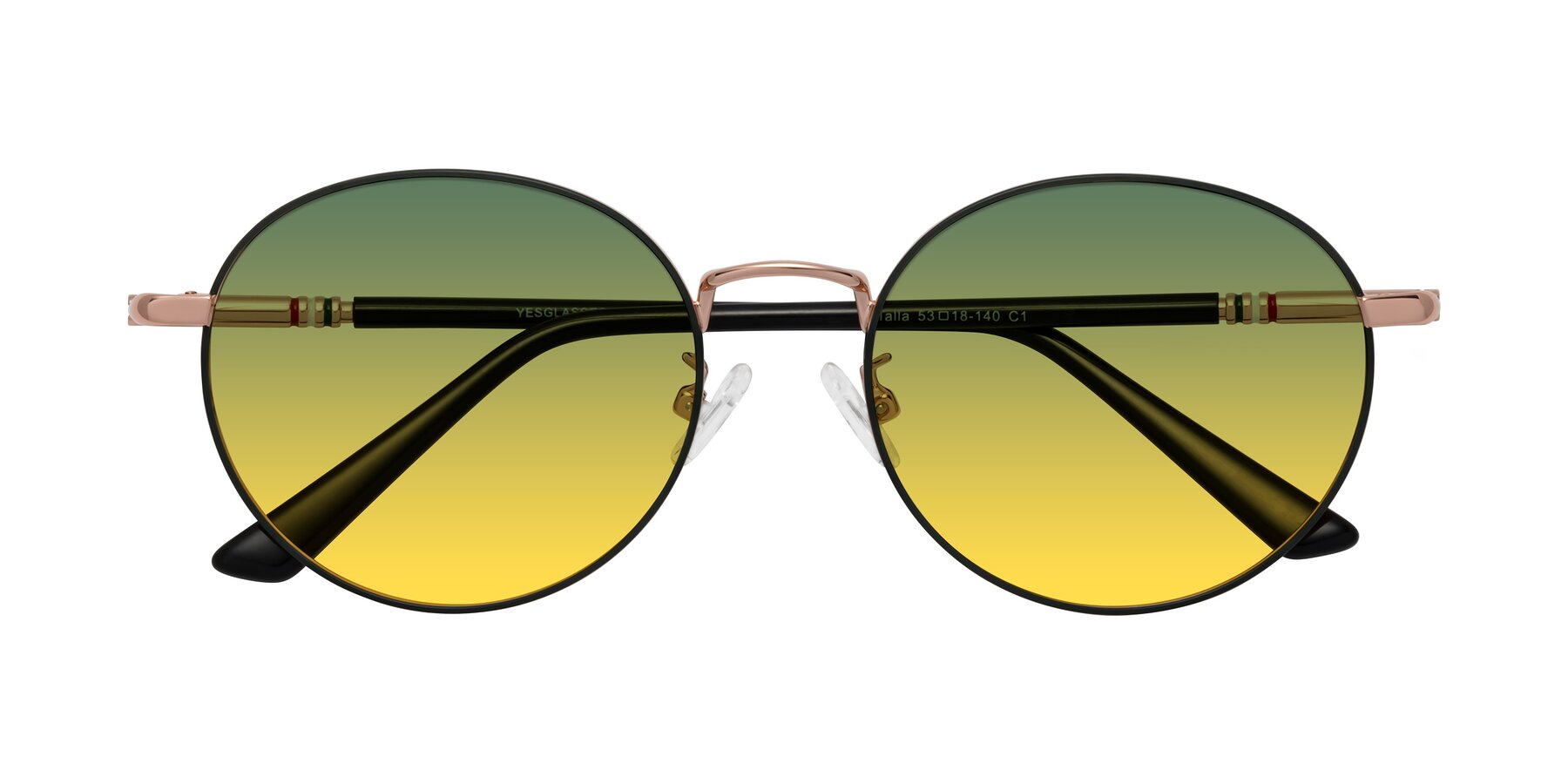 Folded Front of Talla in Charcoal Green-Rose Gold with Green / Yellow Gradient Lenses