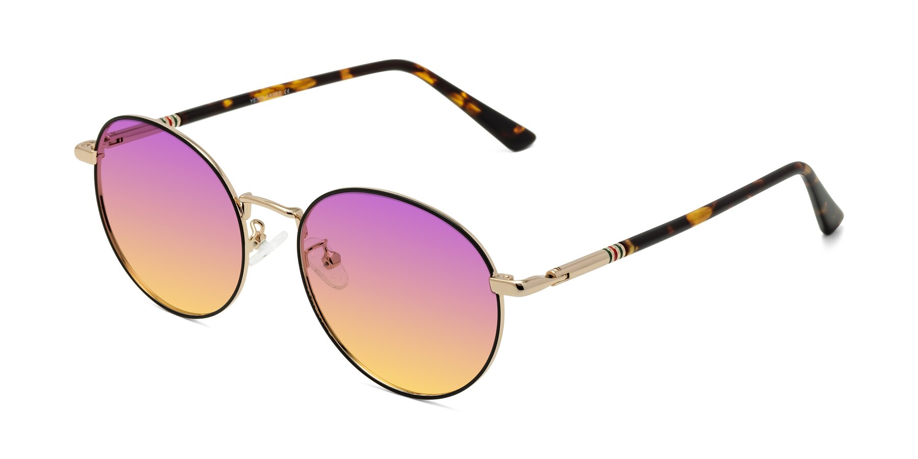 Angle of Talla in Charcoal Green-Rose Gold with Purple / Yellow Gradient Lenses