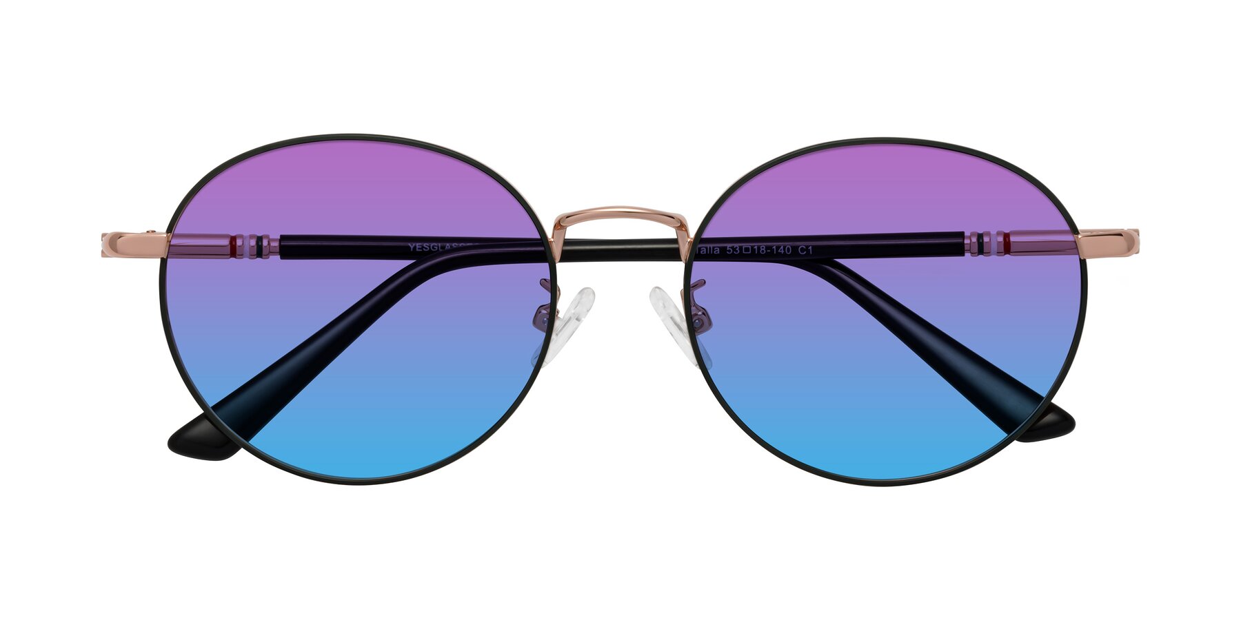 Folded Front of Talla in Charcoal Green-Rose Gold with Purple / Blue Gradient Lenses