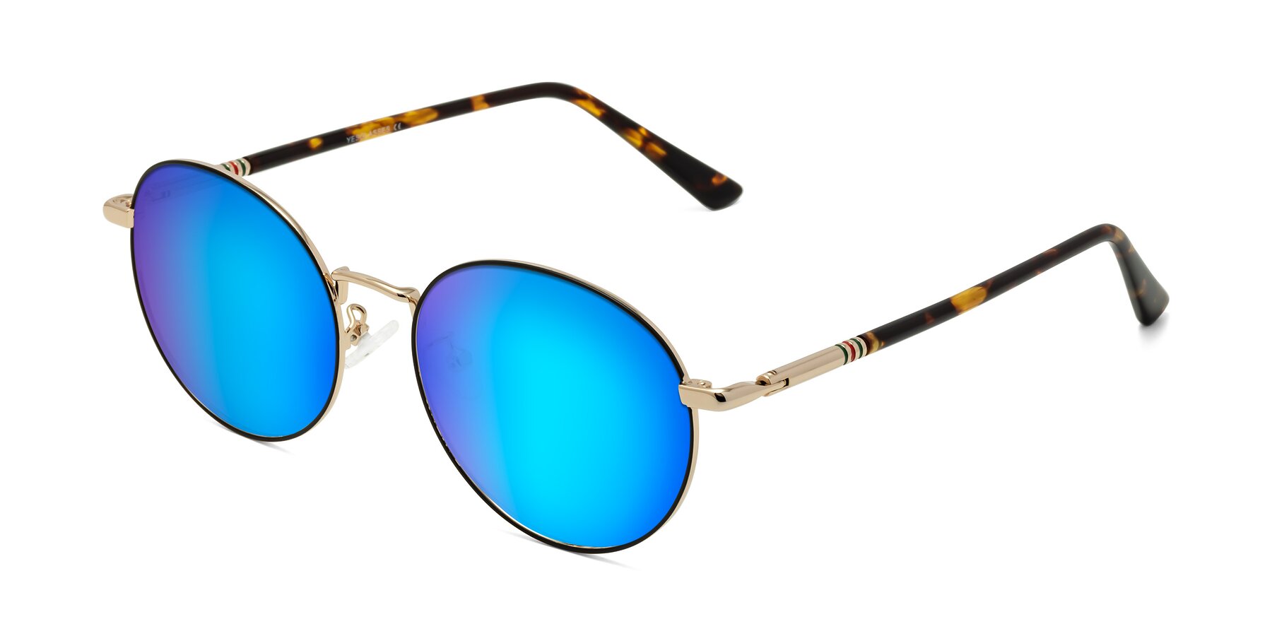 Angle of Talla in Charcoal Green-Rose Gold with Blue Mirrored Lenses