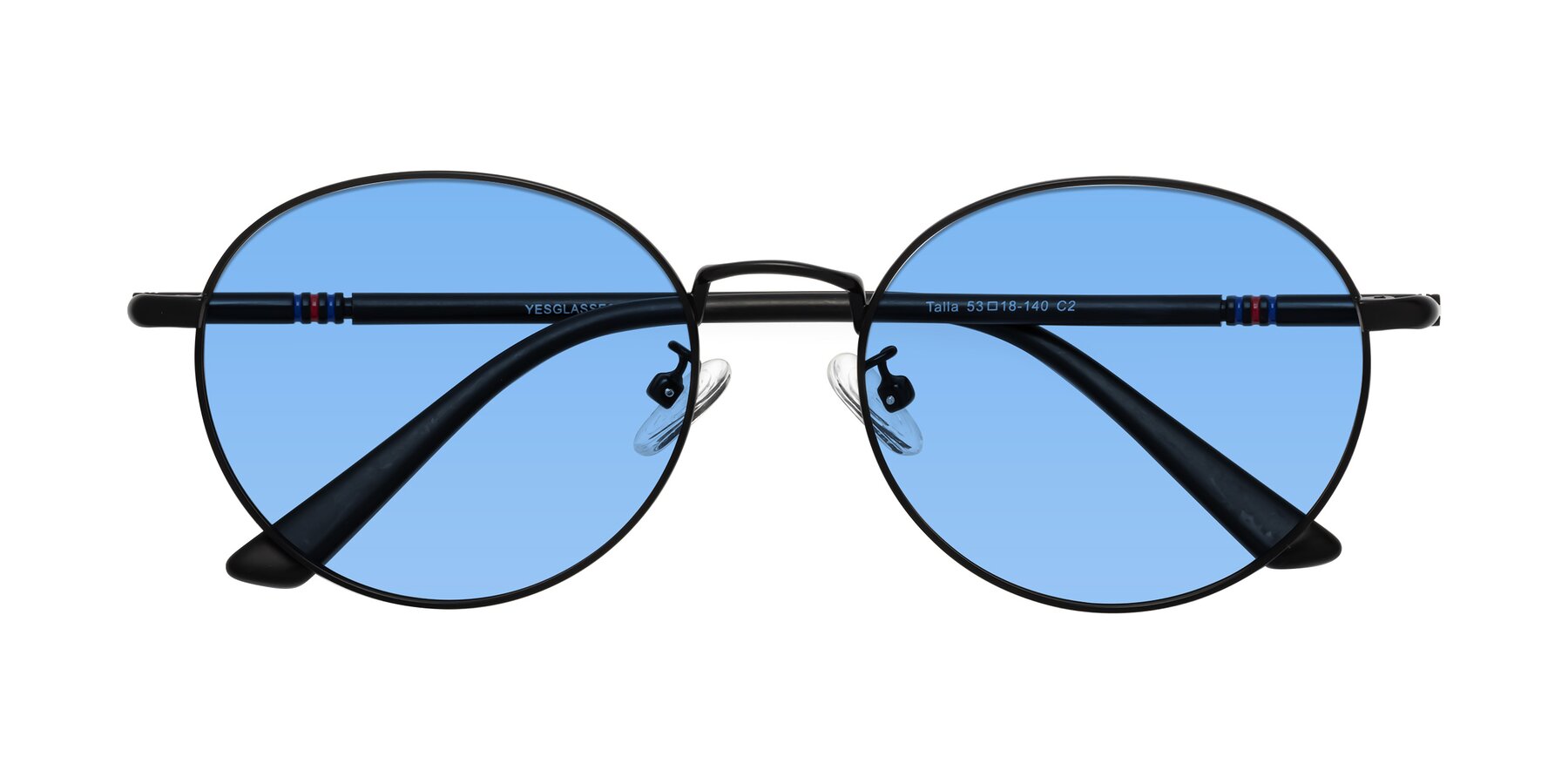 Folded Front of Talla in Matte Black with Medium Blue Tinted Lenses