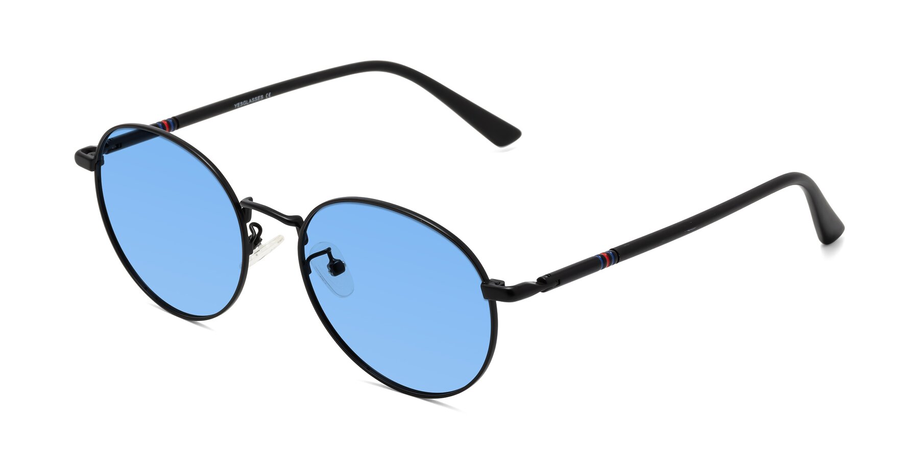 Angle of Talla in Matte Black with Medium Blue Tinted Lenses