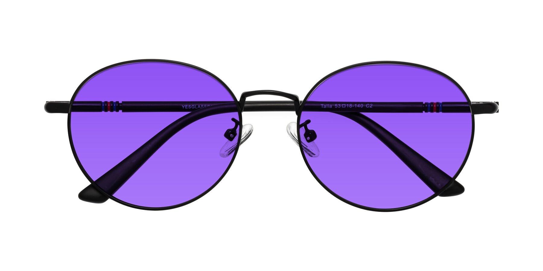 Folded Front of Talla in Matte Black with Purple Tinted Lenses