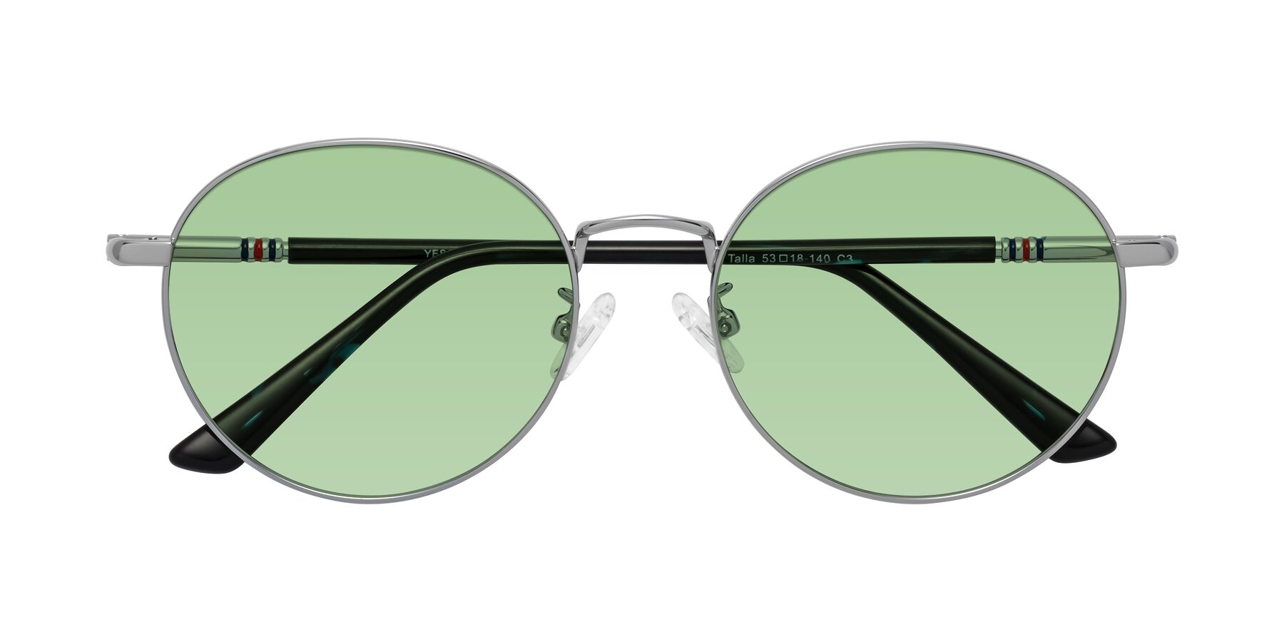 Folded Front of Talla in Silver with Medium Green Tinted Lenses