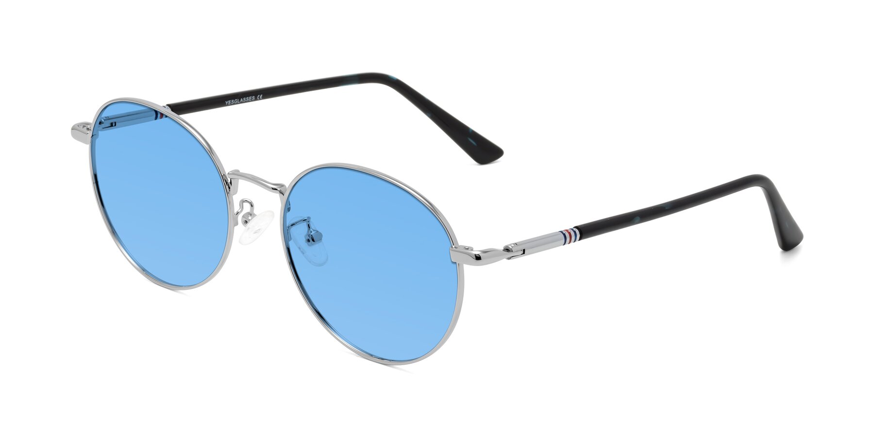 Angle of Talla in Silver with Medium Blue Tinted Lenses